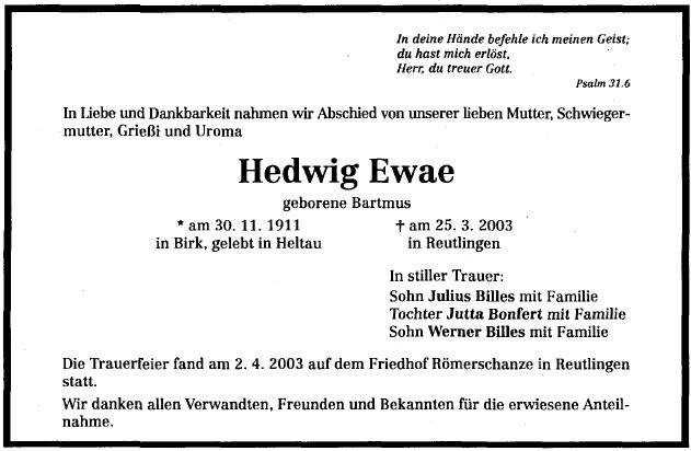 Bartmus Hedwig 1911-2000 Todesanzeige